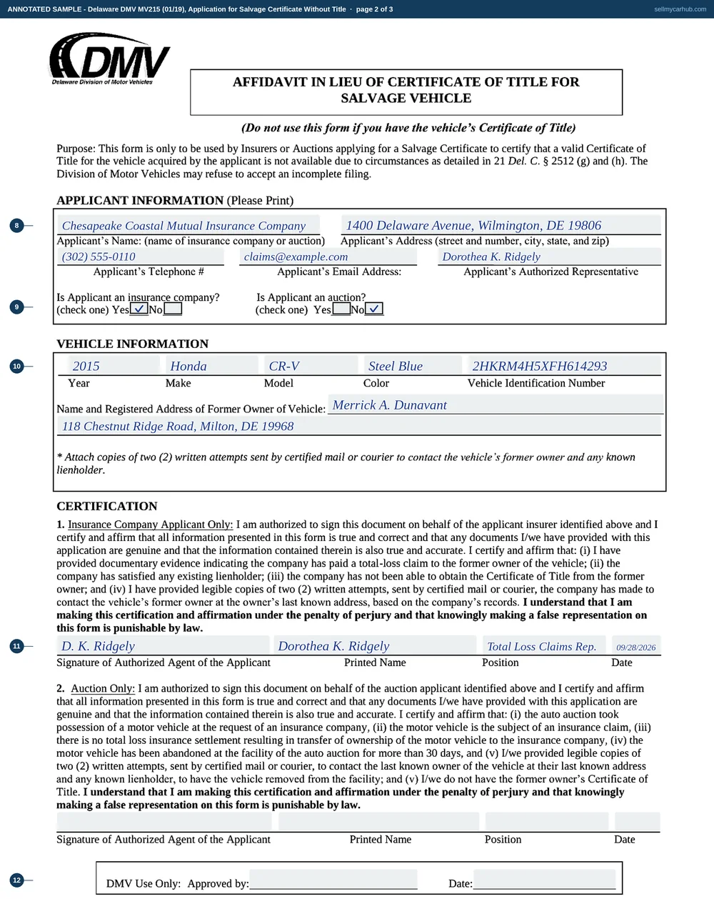 A Delaware MV215 Application for Salvage Certificate Without Title filled in as the insurer's document it is: applicant Chesapeake Coastal Mutual Insurance Company of Wilmington, a 2015 Honda CR-V, VIN 2HKRM4H5XFH614293, Steel Blue, an odometer reading of 96412 with the not-actual-mileage option ticked, the Insurance yes box ticked and the Auction no box ticked, the former owner given as Merrick A. Dunavant of 118 Chestnut Ridge Road, Milton, and the insurance-company certification signed by a claims representative with a position and a date.