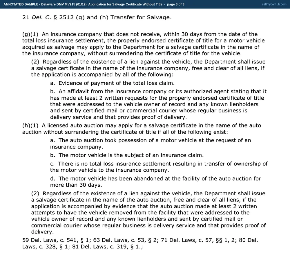 A Delaware MV215 Application for Salvage Certificate Without Title filled in as the insurer's document it is: applicant Chesapeake Coastal Mutual Insurance Company of Wilmington, a 2015 Honda CR-V, VIN 2HKRM4H5XFH614293, Steel Blue, an odometer reading of 96412 with the not-actual-mileage option ticked, the Insurance yes box ticked and the Auction no box ticked, the former owner given as Merrick A. Dunavant of 118 Chestnut Ridge Road, Milton, and the insurance-company certification signed by a claims representative with a position and a date.