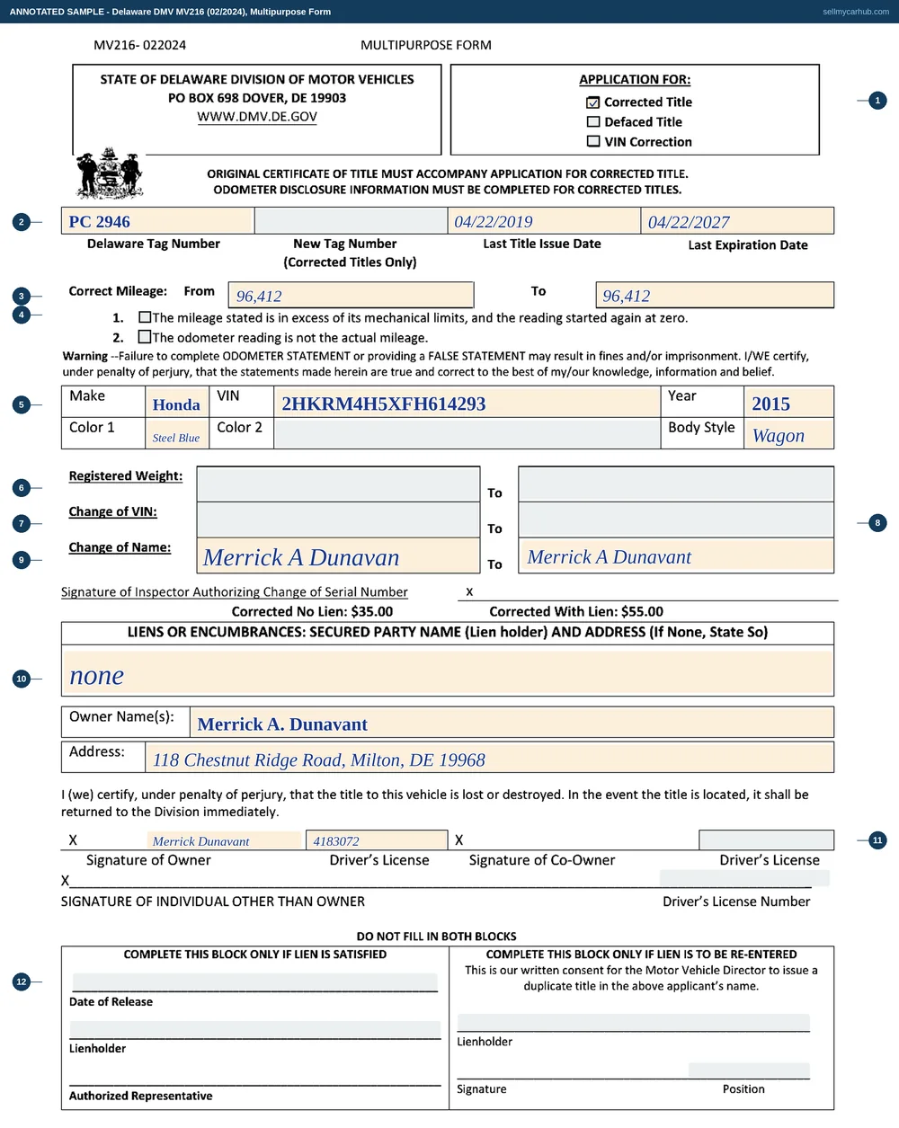 A Delaware MV216 Multipurpose Form filled in as a corrected title application: the Corrected Title box ticked, tag PC 2946, a 2015 Honda CR-V, VIN 2HKRM4H5XFH614293, Steel Blue, a change of name from Merrick A Dunavan to Merrick A Dunavant, the secured party block reading none, owner name and Milton address, a signature and driver licence number, and both lienholder blocks at the foot left empty.