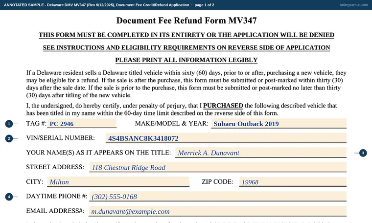 Top of page 1 of our filled-in example of Delaware MV347, Document Fee Credit/Refund Application