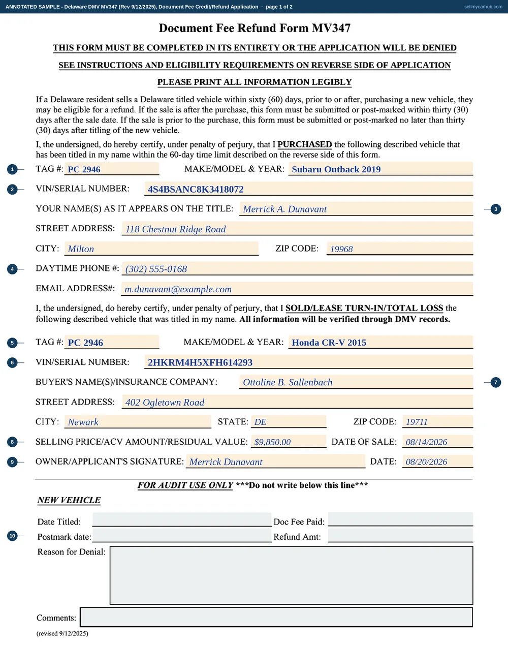A Delaware MV347 Document Fee Credit/Refund Application filled in by Merrick A. Dunavant of Milton: the purchased vehicle a 2019 Subaru Outback, VIN 4S4BSANC8K3418072, tag PC 2946, and the vehicle sold a 2015 Honda CR-V, VIN 2HKRM4H5XFH614293, sold to Ottoline B. Sallenbach of Newark for 9,850.00 on 08/14/2026, with one applicant signature and the audit block at the foot left blank.