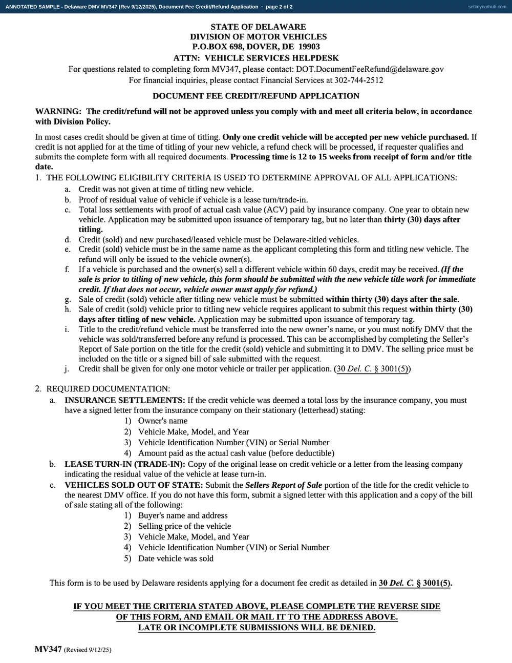 A Delaware MV347 Document Fee Credit/Refund Application filled in by Merrick A. Dunavant of Milton: the purchased vehicle a 2019 Subaru Outback, VIN 4S4BSANC8K3418072, tag PC 2946, and the vehicle sold a 2015 Honda CR-V, VIN 2HKRM4H5XFH614293, sold to Ottoline B. Sallenbach of Newark for 9,850.00 on 08/14/2026, with one applicant signature and the audit block at the foot left blank.