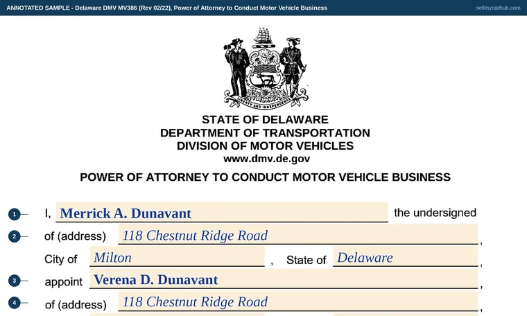 Top of our filled-in example of Delaware MV386, Power of Attorney to Conduct Motor Vehicle Business