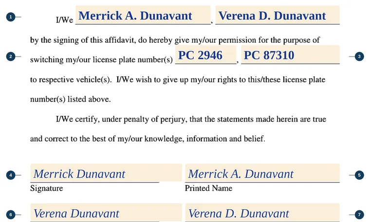 Part of our filled-in example of Delaware MV71, Affidavit for License Plate Switch, showing the filled-in entries
