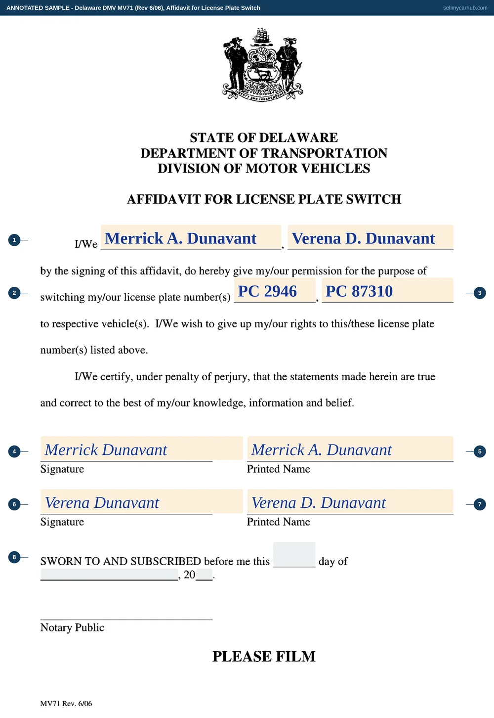 A Delaware MV71 Affidavit for License Plate Switch filled in: Merrick A. Dunavant and Verena D. Dunavant give permission to switch Delaware license plate numbers PC 2946 and PC 87310 to respective vehicles, with both signature and printed-name rows completed and the notarial block at the foot showing the day, month and year for the notary.