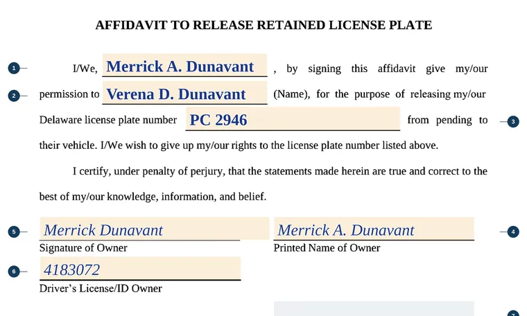 Part of our filled-in example of Delaware MV72, Affidavit to Release Retained License Plate, showing the filled-in entries