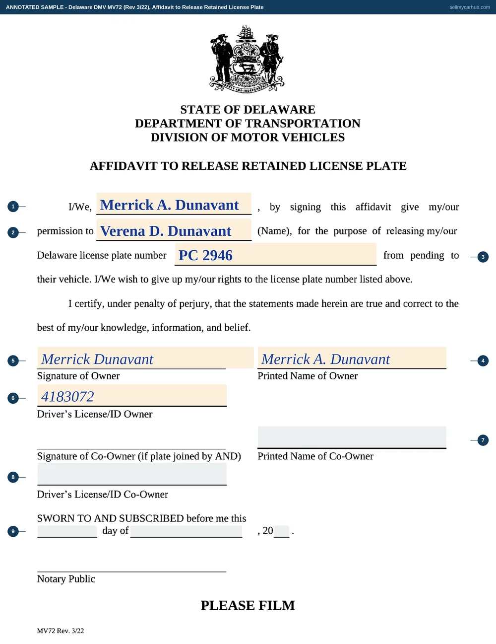 A Delaware MV72 Affidavit to Release Retained License Plate filled in: Merrick A. Dunavant gives permission to Verena D. Dunavant to release Delaware license plate number PC 2946 from pending to her vehicle, with his printed name and driver licence number under his signature, the co-owner rows left empty, and the notarial block at the foot showing the day, month and year for the notary to complete.