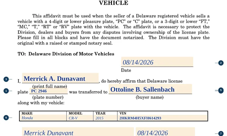 Part of our filled-in example of Delaware MV73, Seller's Affidavit to Transfer a Low-Digit Tag with Vehicle, showing the filled-in entries