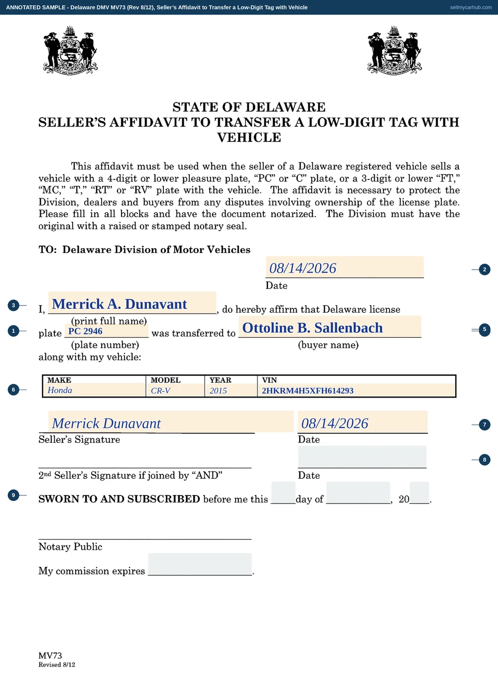 A Delaware MV73 Seller's Affidavit to Transfer a Low-Digit Tag filled in: Merrick A. Dunavant affirms that Delaware license plate PC 2946 was transferred to Ottoline B. Sallenbach along with his 2015 Honda CR-V, VIN 2HKRM4H5XFH614293, dated 08/14/2026, with one seller signature, the second seller line left empty, and the notarial block showing the day, month, year and commission expiry for the notary.