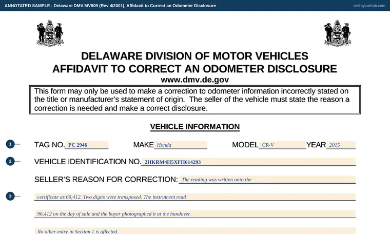 Top of our filled-in example of Delaware MV809, Affidavit to Correct an Odometer Disclosure