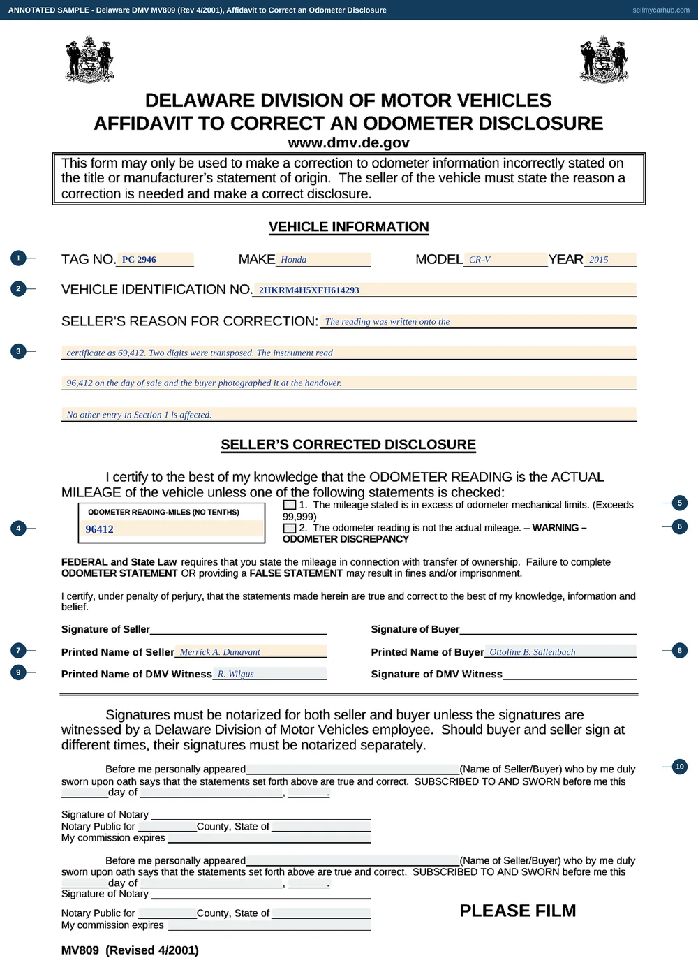 A Delaware MV809 Affidavit to Correct an Odometer Disclosure filled in for a 2015 Honda CR-V, tag PC 2946, VIN 2HKRM4H5XFH614293, with a handwritten reason explaining that the reading was transposed on the certificate, a corrected odometer reading of 96412 with neither exception box ticked, printed names for seller Merrick A. Dunavant and buyer Ottoline B. Sallenbach, and the DMV witness block completed instead of the notarial blocks.