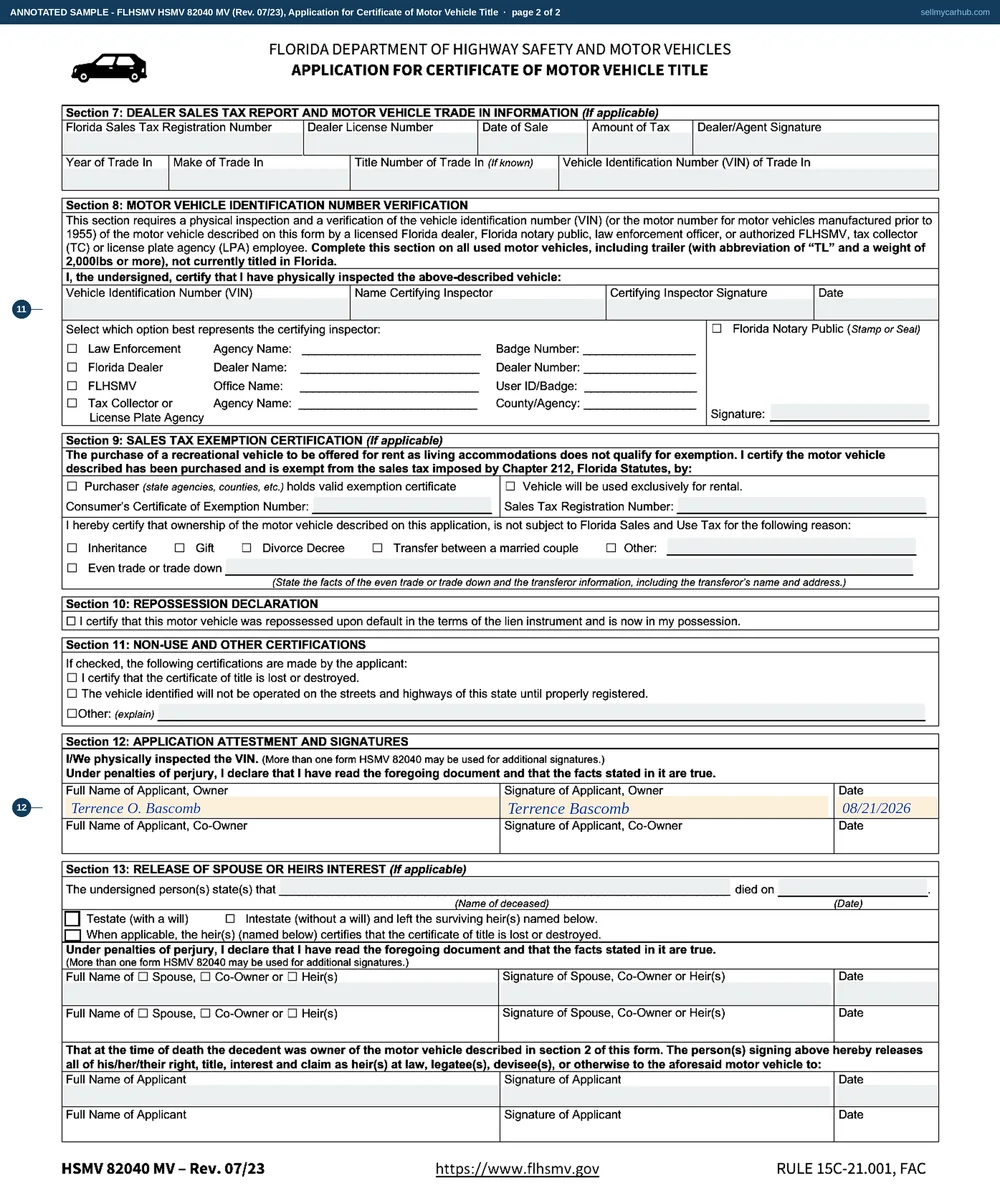 Both pages of the Florida HSMV 82040 MV filled in by the buyer: Transfer ticked as the application type and No against printing a paper title, applicant Terrence Otis Bascomb of Gainesville with his Florida licence number, the 2014 Honda Odyssey's VIN and Florida title number, the licence plate box left grey and empty, Sale ticked with a price of $9,325, and an odometer declaration of 118,472 miles; page two carries the applicant's signature over the dealer, inspection and estate blocks left blank.