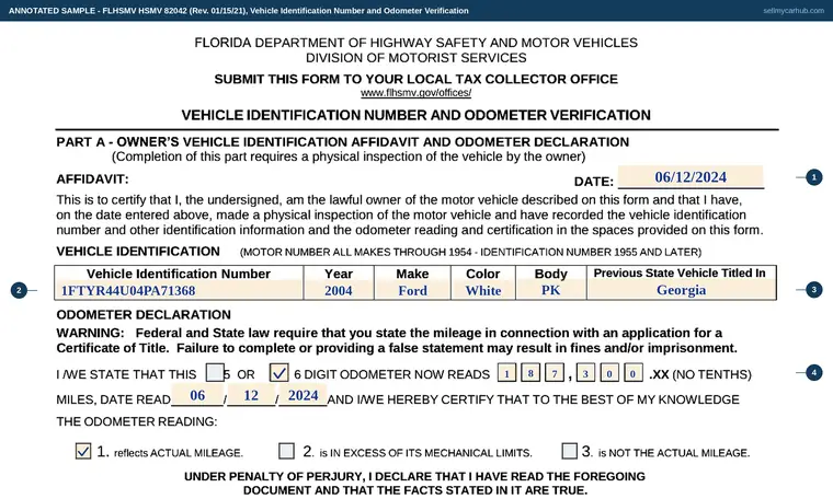 Top of our filled-in example of Florida HSMV 82042, Vehicle Identification Number and Odometer Verification