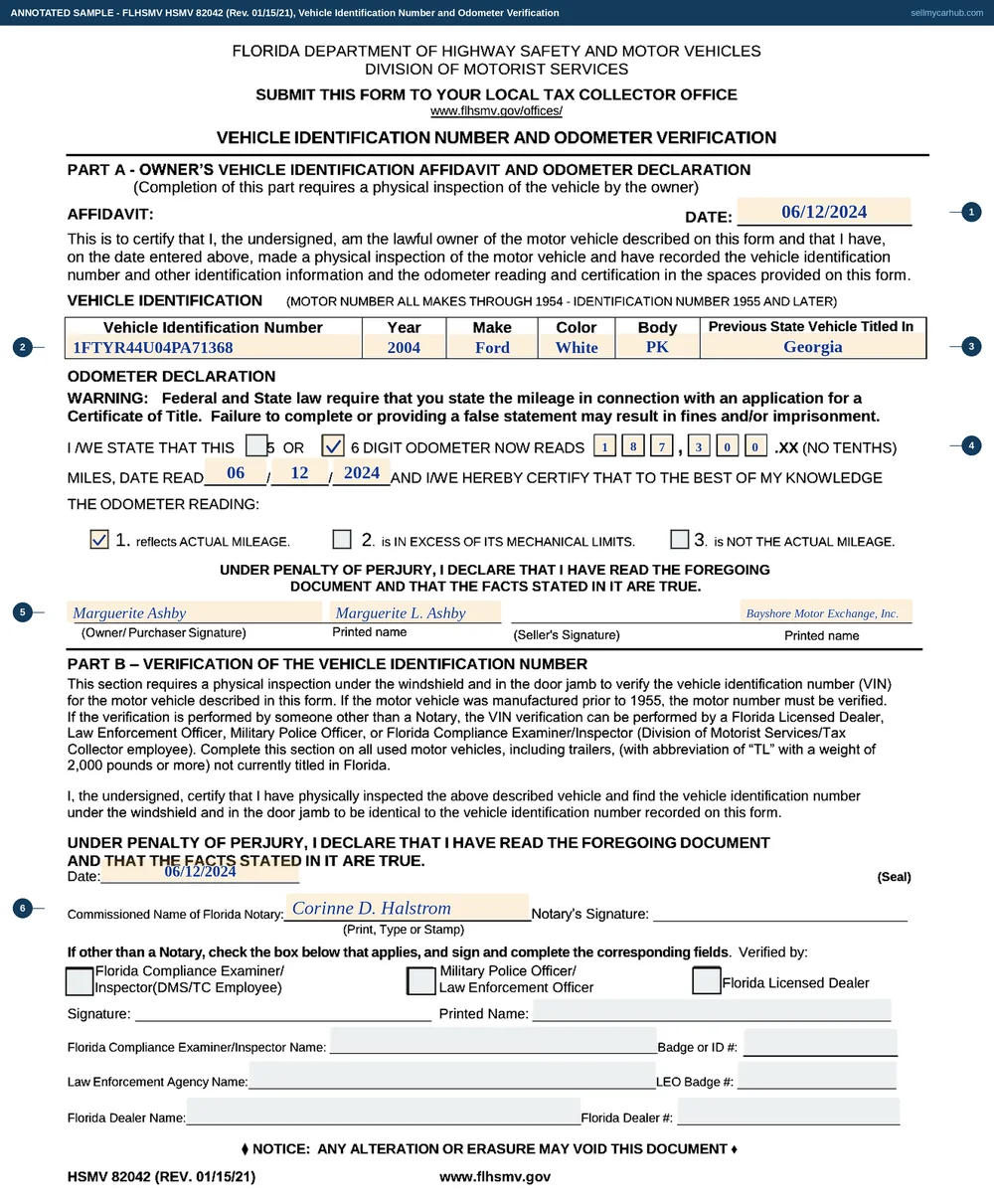The Florida HSMV 82042 filled in: an affidavit dated 12 June 2024, the VIN, year, make, colour and body of a 2004 Ford Ranger with Georgia named as the previous state it was titled in, a six-digit odometer reading of 187,300 with the date read and the actual-mileage box ticked, the owner-purchaser's signature and printed name with the seller's printed name beside it, and Part B carrying a date and the commissioned name of a Florida notary.