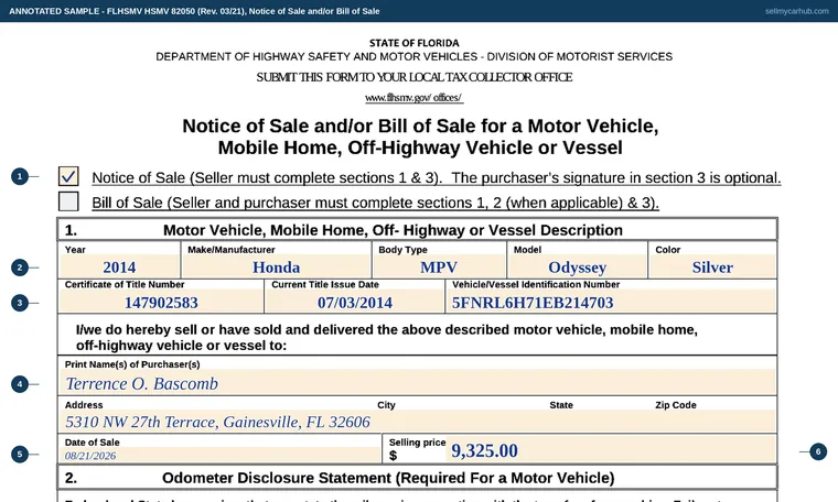 Top of our filled-in example of Florida HSMV 82050, Notice of Sale and/or Bill of Sale for a Motor Vehicle, Mobile Home, Off-Highway Vehicle or Vessel