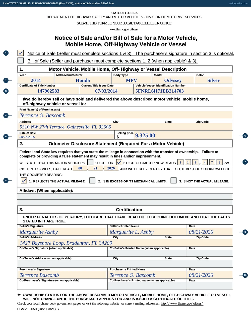 The Florida HSMV 82050 filled in as a notice of sale: the top tick box marked Notice of Sale, a 2014 Honda Odyssey with its title number and VIN, purchaser Terrence O. Bascomb of Gainesville, a sale date of 21 August 2026 and a selling price of $9,325.00, a six-digit odometer reading of 118,472 with the actual-mileage box ticked, and the seller and purchaser blocks signed.