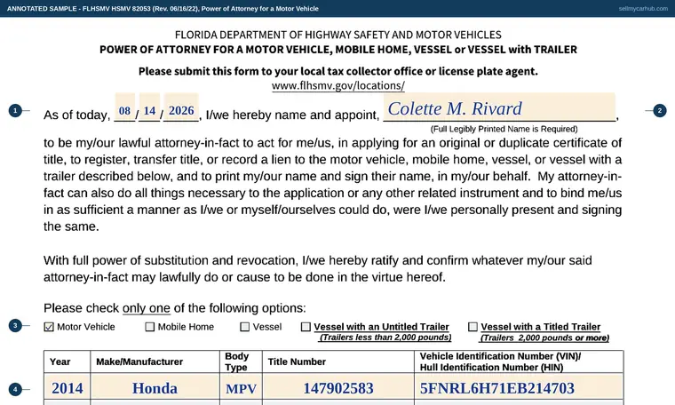 Top of our filled-in example of Florida HSMV 82053, Power of Attorney for a Motor Vehicle, Mobile Home, Vessel or Vessel with Trailer