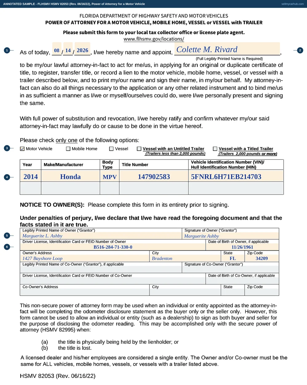 The Florida HSMV 82053 power of attorney filled in: a date of 14 August 2026 at the head, Colette M. Rivard named as attorney-in-fact, the Motor Vehicle box ticked, one row of the vehicle table completed with a 2014 Honda Odyssey's year, make, body type, title number and VIN, and the owner-grantor's printed name, signature, licence number, date of birth and address in the block beneath.