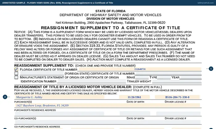 Top of our filled-in example of Florida HSMV 82091, Reassignment Supplement to a Certificate of Title