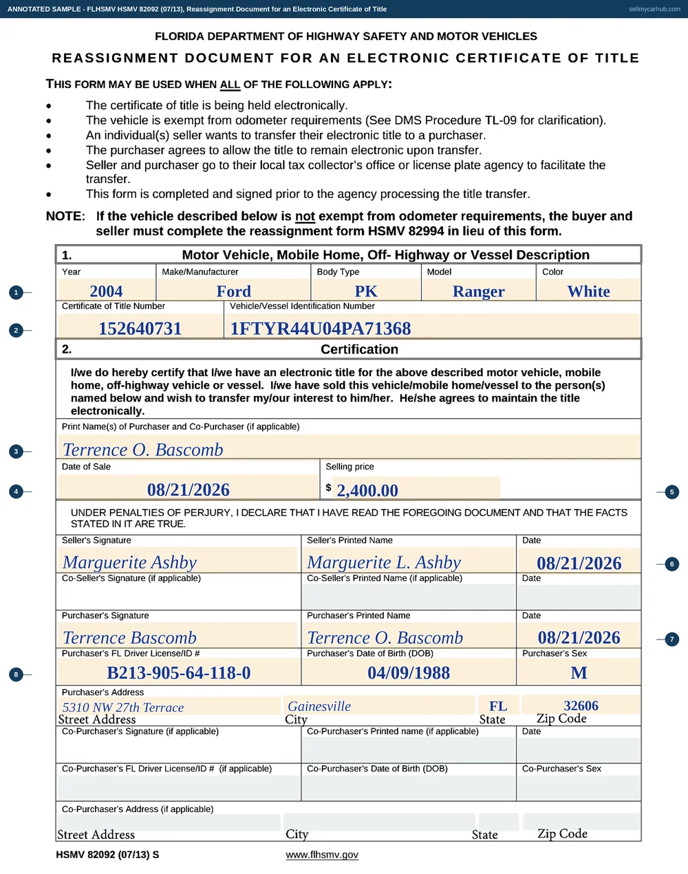 The Florida HSMV 82092 filled in for an odometer-exempt vehicle: a 2004 Ford Ranger pickup described by year, make, body, model and colour, certificate of title number 152640731 and its VIN, purchaser Terrence O. Bascomb, a date of sale of 21 August 2026 and a selling price of $2,400.00, and both the seller's and the purchaser's printed names, signatures and dates with the purchaser's licence number, date of birth and address underneath.
