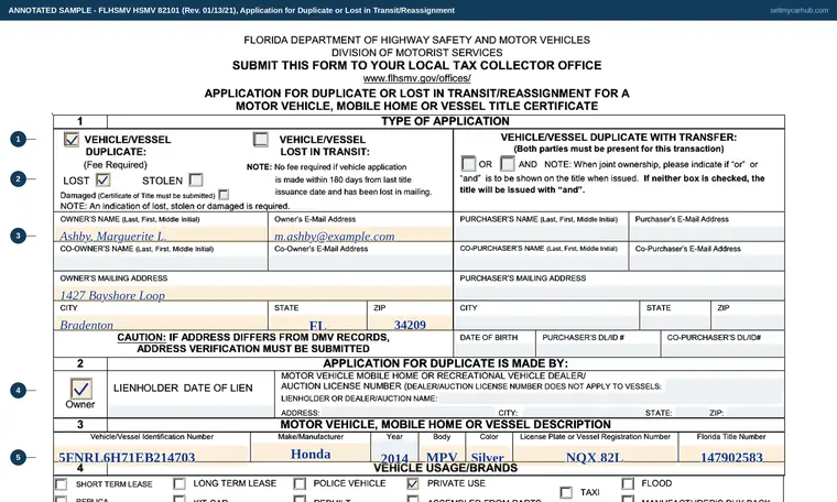 Top of our filled-in example of Florida HSMV 82101, Application for Duplicate or Lost in Transit/Reassignment for a Motor Vehicle, Mobile Home or Vessel Title Certificate