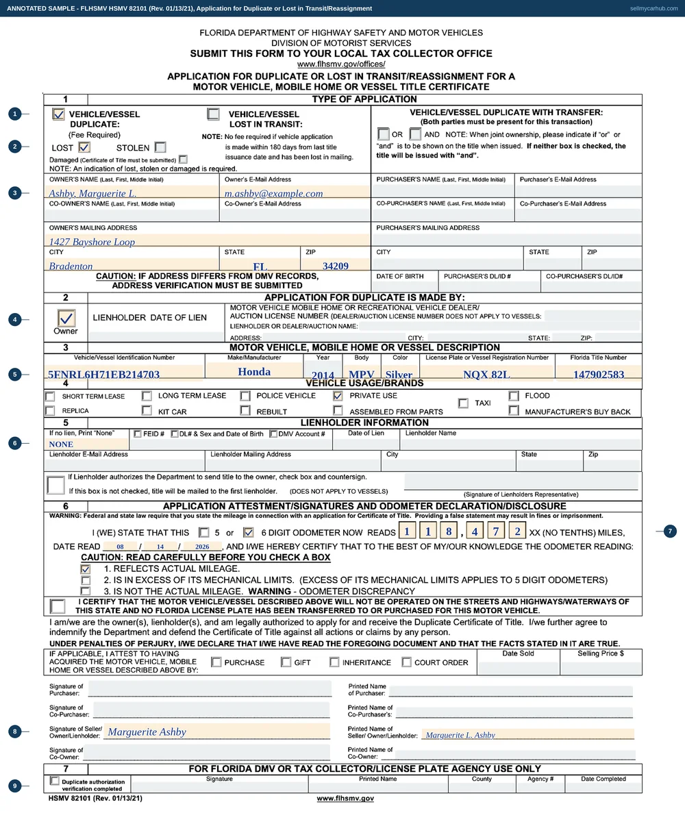 The Florida HSMV 82101 filled in as a straightforward duplicate: Vehicle/Vessel Duplicate ticked with Lost marked underneath, owner Ashby, Marguerite L. of Bradenton, the Owner box ticked in section 2, a 2014 Honda Odyssey described by VIN with its plate number and Florida title number, NONE written on the no-lien line, an odometer reading of 118,472 with the actual-mileage box ticked, and the owner's signature and printed name at the foot.