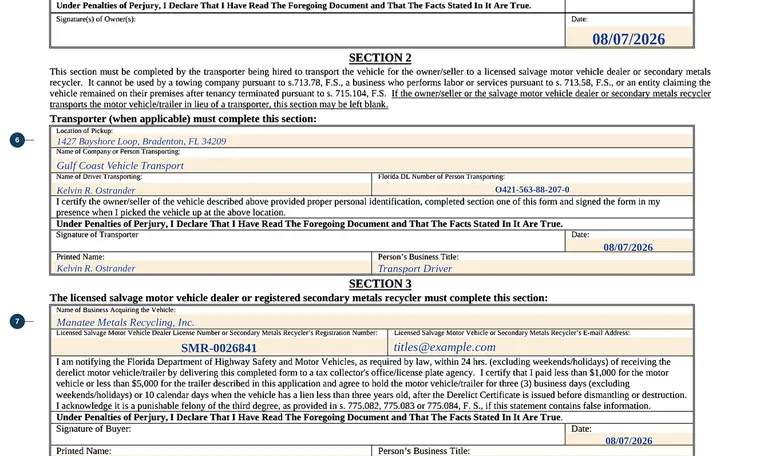Part of our filled-in example of Florida HSMV 82137, Application for an Original/Duplicate Derelict Motor Vehicle Certificate and Request to Cancel Title, showing the filled-in entries