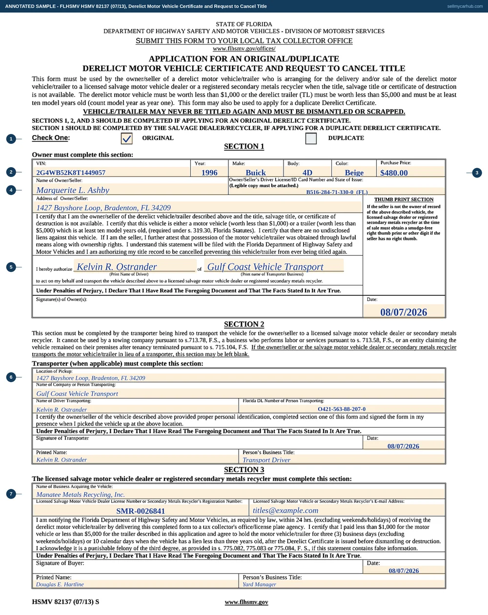 The Florida HSMV 82137 filled in for an original derelict certificate: Original ticked, a 1996 Buick Century described by VIN with a purchase price of $480.00, the owner-seller's name, licence number and address, a named driver and transporter business authorised in section 1, section 2 completed by the transporter with the pickup location and the driver's Florida licence number, and section 3 completed by a licensed recycler with its registration number and yard manager's details.