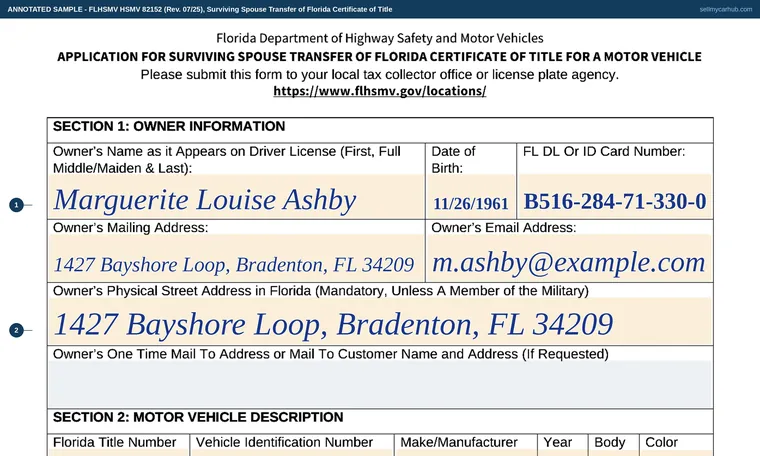 Top of our filled-in example of Florida HSMV 82152, Application for Surviving Spouse Transfer of Florida Certificate of Title for a Motor Vehicle