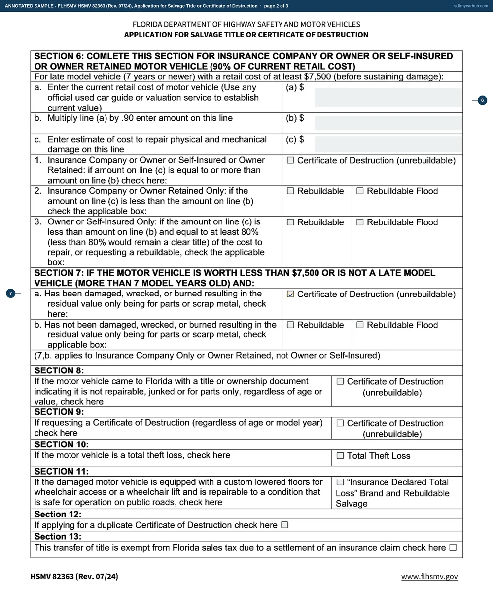All three pages of the Florida HSMV 82363 filled in by an uninsured owner: Salvage by Owner with no insurance involved ticked in section 1 with the owner's name, address and date of loss, a 2007 Chrysler Pacifica described by VIN and Florida title number in section 2, the certificate of destruction box ticked in section 7 on page two, and on page three an odometer reading of 164,905 with the applicant's signature and printed name.