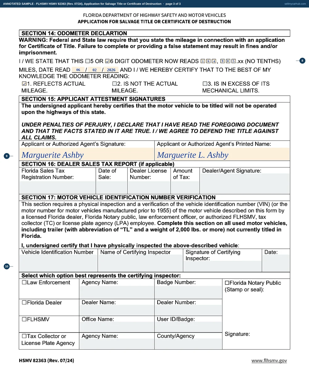All three pages of the Florida HSMV 82363 filled in by an uninsured owner: Salvage by Owner with no insurance involved ticked in section 1 with the owner's name, address and date of loss, a 2007 Chrysler Pacifica described by VIN and Florida title number in section 2, the certificate of destruction box ticked in section 7 on page two, and on page three an odometer reading of 164,905 with the applicant's signature and printed name.