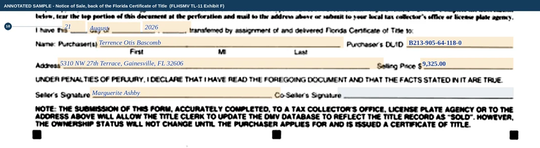 The Notice of Sale section on the back of the Florida certificate of title, completed: the date of transfer, the purchaser's name and driver licence number, the purchaser's address, the selling price and the seller's signature, above the note about the title record showing SOLD and the three perforation marks along the tear line.