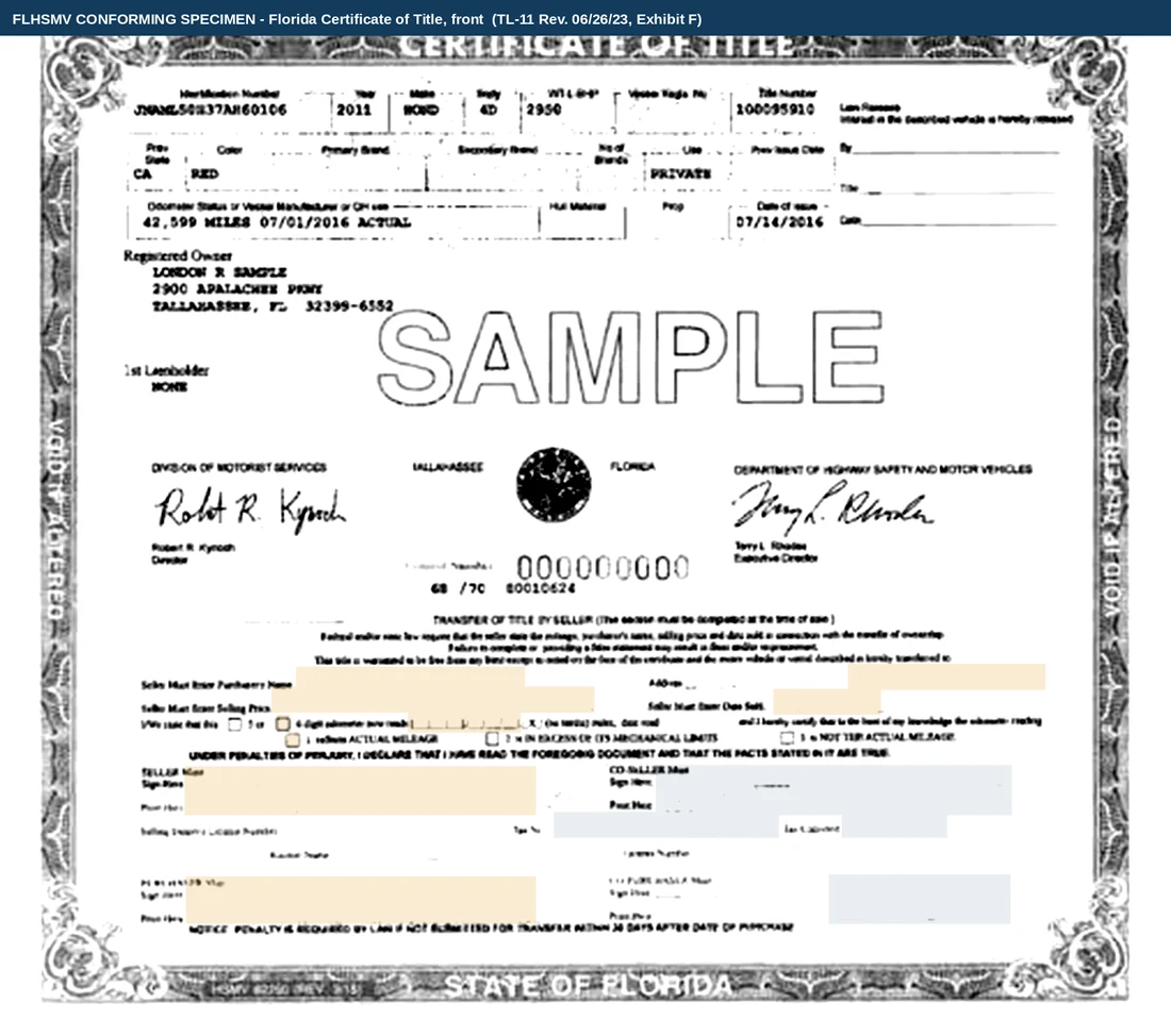 The whole front of the Florida Certificate of Title specimen FLHSMV publishes in procedure TL-11: an engraved border reading STATE OF FLORIDA, a SAMPLE watermark across the middle, VOID IF ALTERED down both margins, the department's placeholder registered owner, and the Transfer of Title by Seller block near the foot shaded amber.