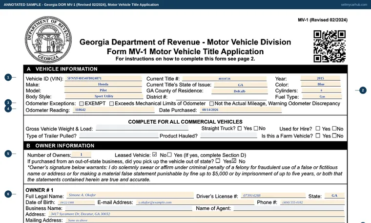 Top of our filled-in example of Georgia MV-1, Motor Vehicle Title Application