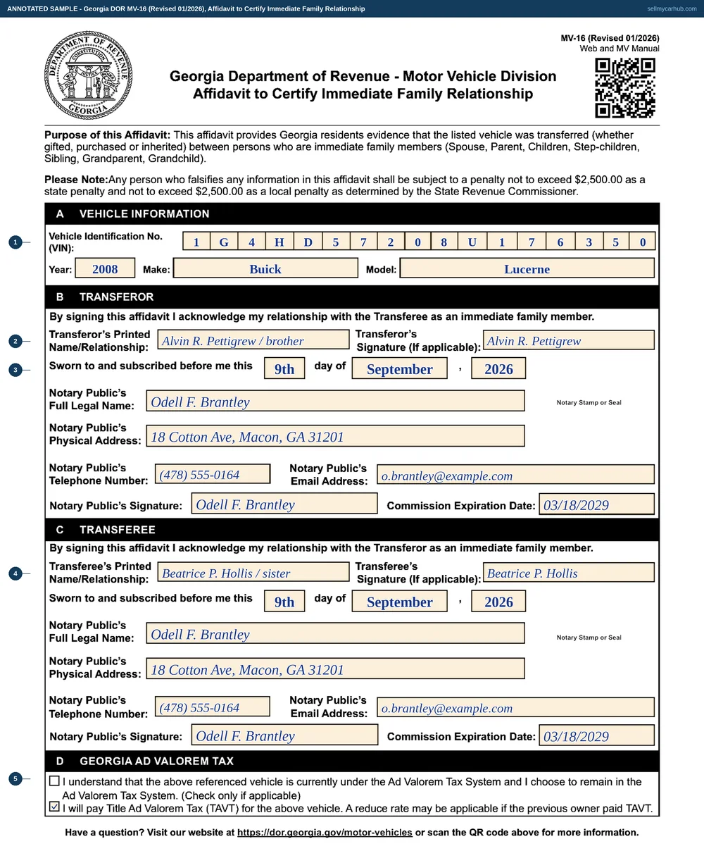 A Georgia Form MV-16 filled in: VIN 1G4HD57208U176350, a 2008 Buick Lucerne, transferor Alvin R. Pettigrew described as brother with his signature and a completed notary acknowledgement, transferee Beatrice P. Hollis described as sister with her signature and a second notary acknowledgement, and the box for paying Title Ad Valorem Tax ticked in section D.