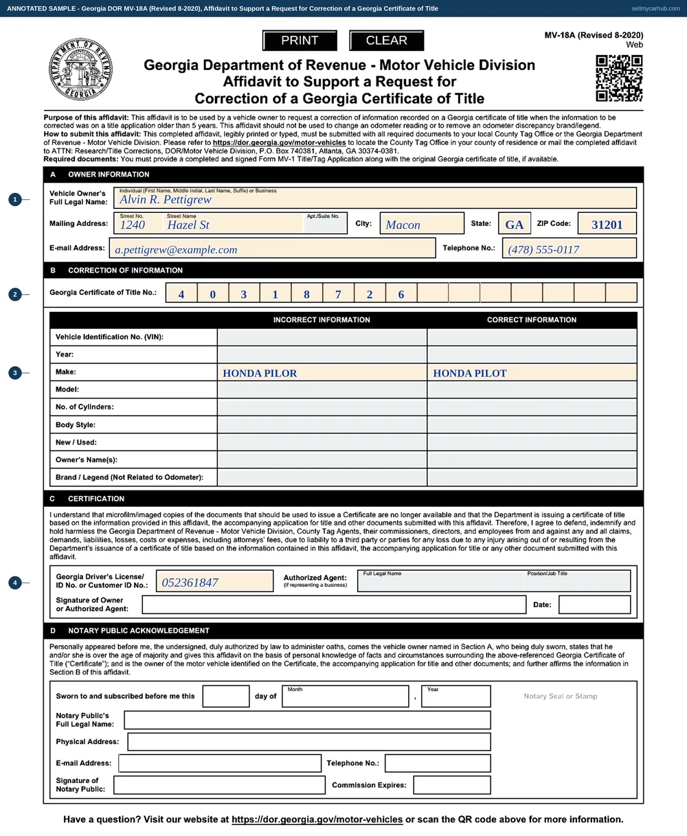 A Georgia Form MV-18A filled in: owner Alvin R. Pettigrew of 1240 Hazel St, Macon, GA 31201; Georgia certificate of title number 40318726 written one digit per printed box; and in the correction grid, the Make row showing HONDA PILOR as the incorrect information and HONDA PILOT as the correct, with the other eight rows greyed out and empty.