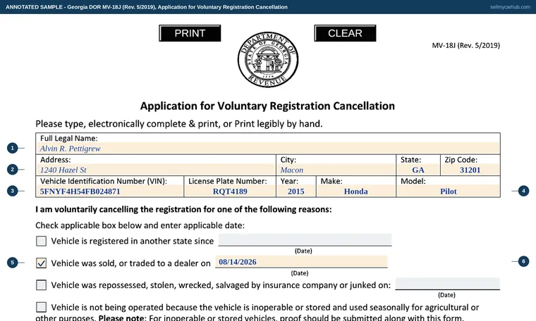 Top of our filled-in example of Georgia MV-18J, Application for Voluntary Registration Cancellation
