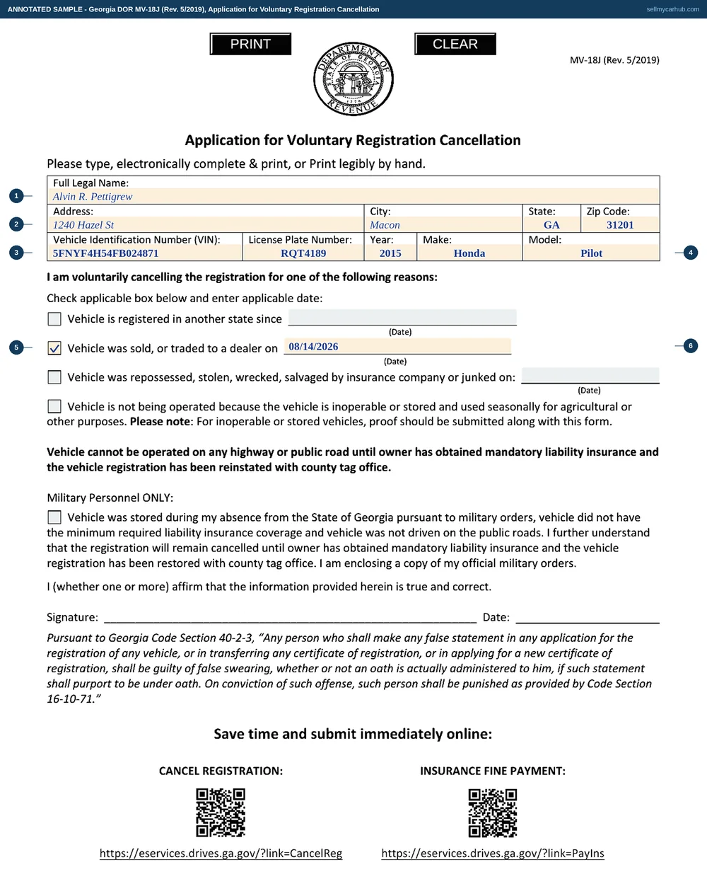 A Georgia Form MV-18J filled in: Alvin R. Pettigrew of Macon, Georgia, VIN 5FNYF4H54FB024871, licence plate RQT4189, a 2015 Honda Pilot, with the box for vehicle was sold or traded to a dealer ticked and the date 08/14/2026 beside it, and the other three reason boxes greyed out and empty.