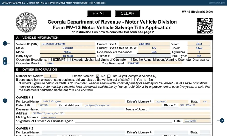 Top of our filled-in example of Georgia MV-1S, Motor Vehicle Salvage Title Application