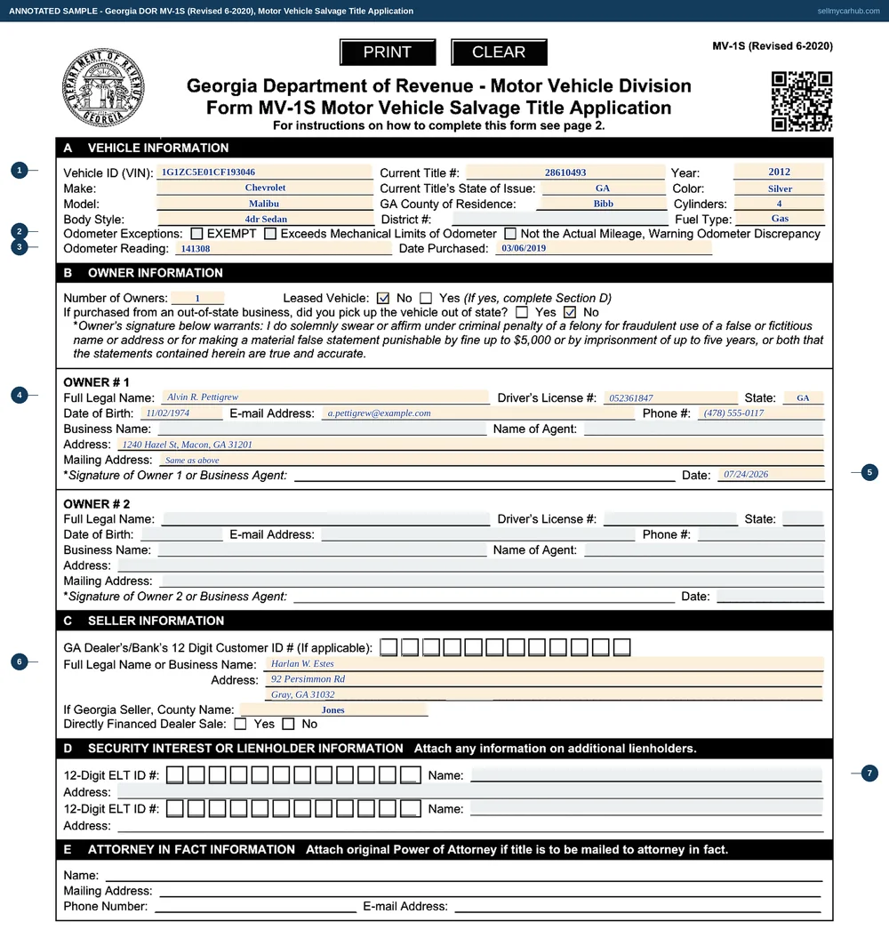 A Georgia Form MV-1S filled in: VIN 1G1ZC5E01CF193046, a 2012 Chevrolet Malibu in silver, current title number 28610493 issued in Georgia, Bibb county of residence, an odometer reading of 141308 with none of the three exception boxes ticked, one owner Alvin R. Pettigrew of Macon with the application dated 07/24/2026, seller Harlan W. Estes of Gray in Jones County, and the second owner and lienholder blocks greyed out and empty.