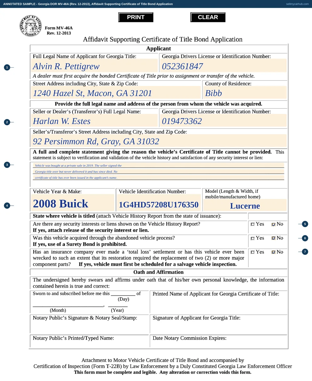 A Georgia Form MV-46A filled in: applicant Alvin R. Pettigrew of 1240 Hazel St, Macon, GA 31201, Bibb County, Georgia driver's licence 052361847; transferor Harlan W. Estes of 92 Persimmon Rd, Gray, GA 31032; a three-line statement explaining that the vehicle was bought at a private sale in 2019, the seller signed the title over but never delivered it and has since died; a 2008 Buick Lucerne, VIN 1G4HD57208U176350; and No ticked to all three questions about liens, the abandoned vehicle process and a total loss settlement.