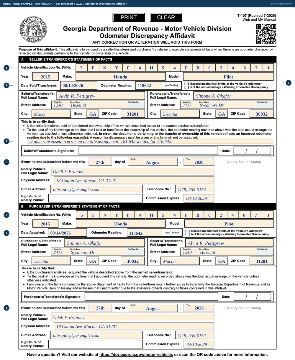 A Georgia Form T-107 filled in on both halves: section A from seller Alvin R. Pettigrew of Macon for a 2015 Honda Pilot, VIN 5FNYF4H54FB024871, sold 08/14/2026 with an odometer reading of 118642, the reason recorded as digits transposed in error on the title assignment, and a notary block completed; section B repeating the same vehicle and reading from purchaser Simone A. Okafor of Decatur with a second notary block, and both pairs of tick boxes greyed out and unticked.