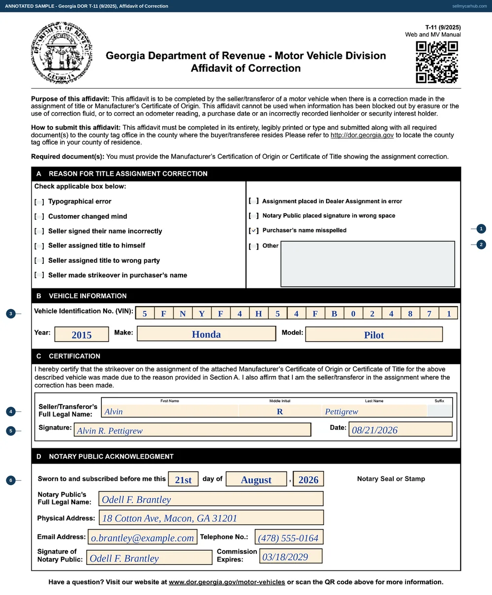 A Georgia Form T-11 filled in: the box for purchaser's name misspelled ticked and the other nine reason boxes greyed out, VIN 5FNYF4H54FB024871, a 2015 Honda Pilot, seller Alvin R. Pettigrew signing and dating 08/21/2026, and a completed notary acknowledgement naming Odell F. Brantley of Macon.