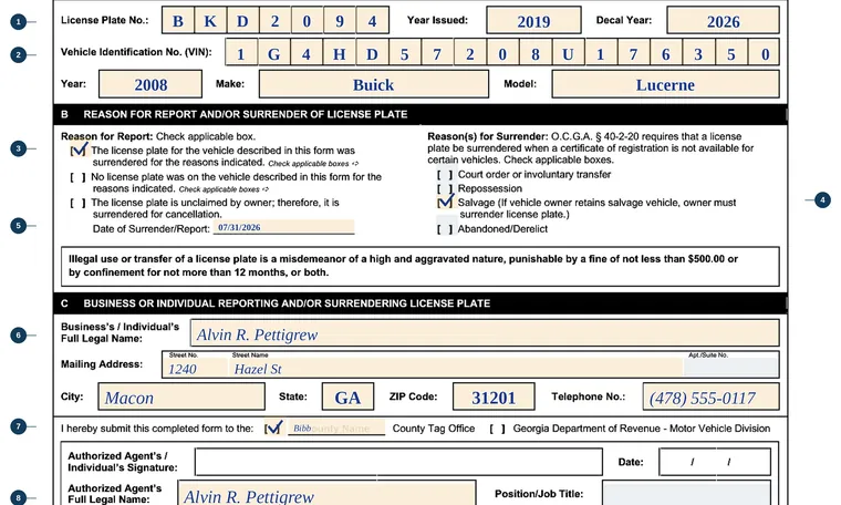 Part of our filled-in example of Georgia T-158, Report and/or Surrender of Georgia License Plate, showing the filled-in entries