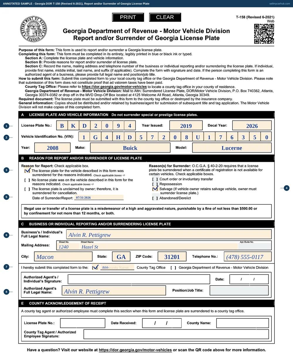 A Georgia Form T-158 filled in: licence plate BKD2094 issued 2019 with a 2026 decal, VIN 1G4HD57208U176350, a 2008 Buick Lucerne; the report box for a plate surrendered for the reasons indicated ticked, and the salvage box ticked on the right; date of surrender 07/31/2026; Alvin R. Pettigrew of 1240 Hazel St, Macon, GA 31201; submitted to the Bibb County tag office; and the county acknowledgement block at the foot left empty for the tag agent.