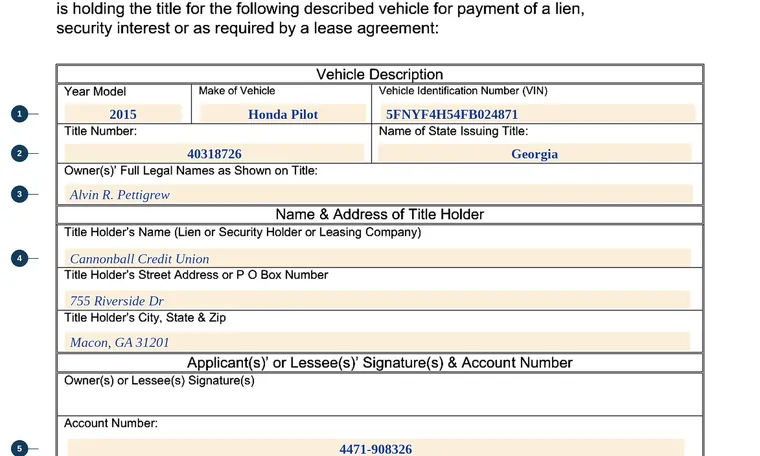 Part of our filled-in example of Georgia T-17, Statement of Title Held By Lienholder, Security Interest Holder or Leasing Company, showing the filled-in entries