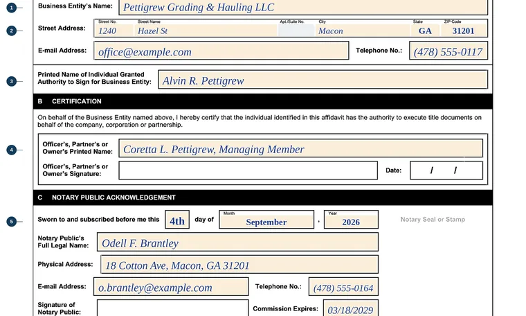 Part of our filled-in example of Georgia T-19, Affidavit of Authority to Sign for a Company, Corporation or Partnership, showing the filled-in entries