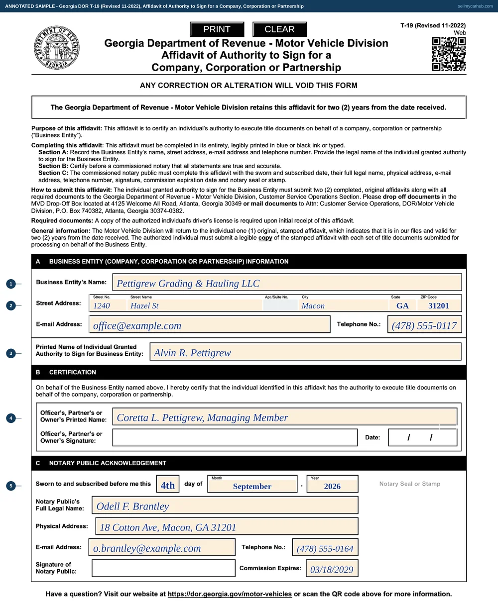A Georgia Form T-19 filled in: business entity Pettigrew Grading & Hauling LLC of 1240 Hazel St, Macon, GA 31201, granting authority to sign to Alvin R. Pettigrew, certified by Coretta L. Pettigrew as Managing Member, sworn on the 4th day of September 2026 before notary Odell F. Brantley of 18 Cotton Ave, Macon.