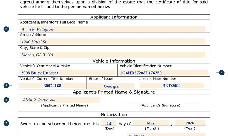 Part of our filled-in example of Georgia T-20, Affidavit of Inheritance of a Motor Vehicle, showing the filled-in entries