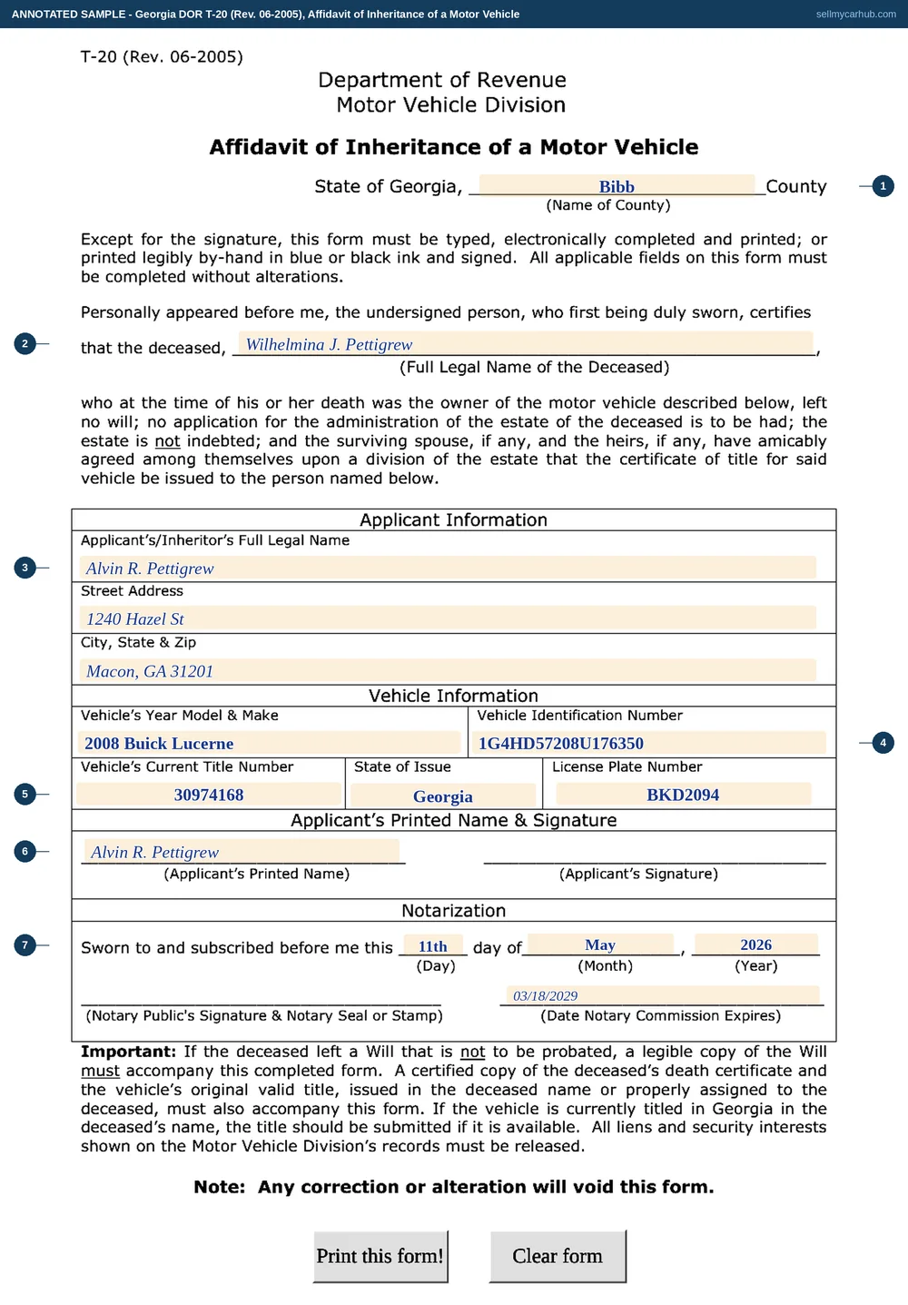 A Georgia Form T-20 filled in: sworn in Bibb County, for the deceased Wilhelmina J. Pettigrew, with applicant and inheritor Alvin R. Pettigrew of 1240 Hazel St, Macon, GA 31201; a 2008 Buick Lucerne, VIN 1G4HD57208U176350, title number 30974168 issued in Georgia, licence plate BKD2094; sworn on the 11th day of May 2026 before a notary whose commission expires 03/18/2029.